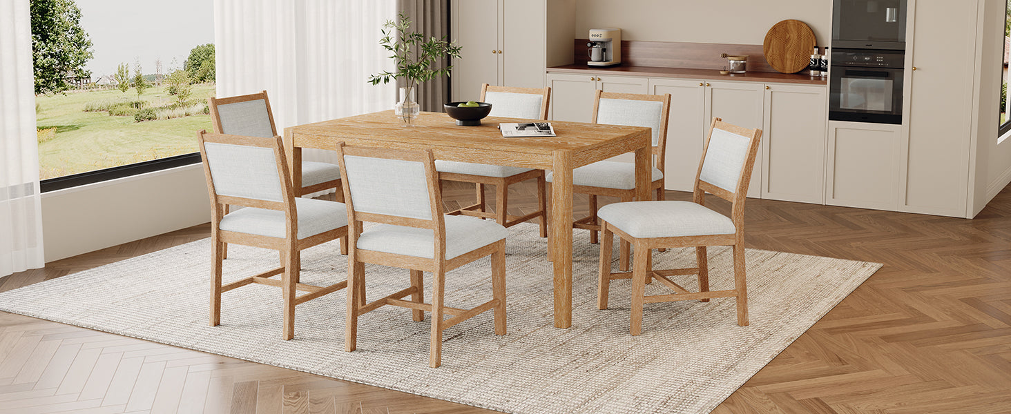 TREXM 7-Piece Retro Rectangular Wood Dining Table Set for 6 - Natural Oak Veneer & MDF with Upholstered Foam Chairs - Spacious Kitchen & Dining Room Furniture - Durable Solid Wood Legs