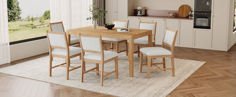 TREXM 7-Piece Retro Rectangular Wood Dining Table Set for 6 - Natural Oak Veneer & MDF with Upholstered Foam Chairs - Spacious Kitchen & Dining Room Furniture - Durable Solid Wood Legs