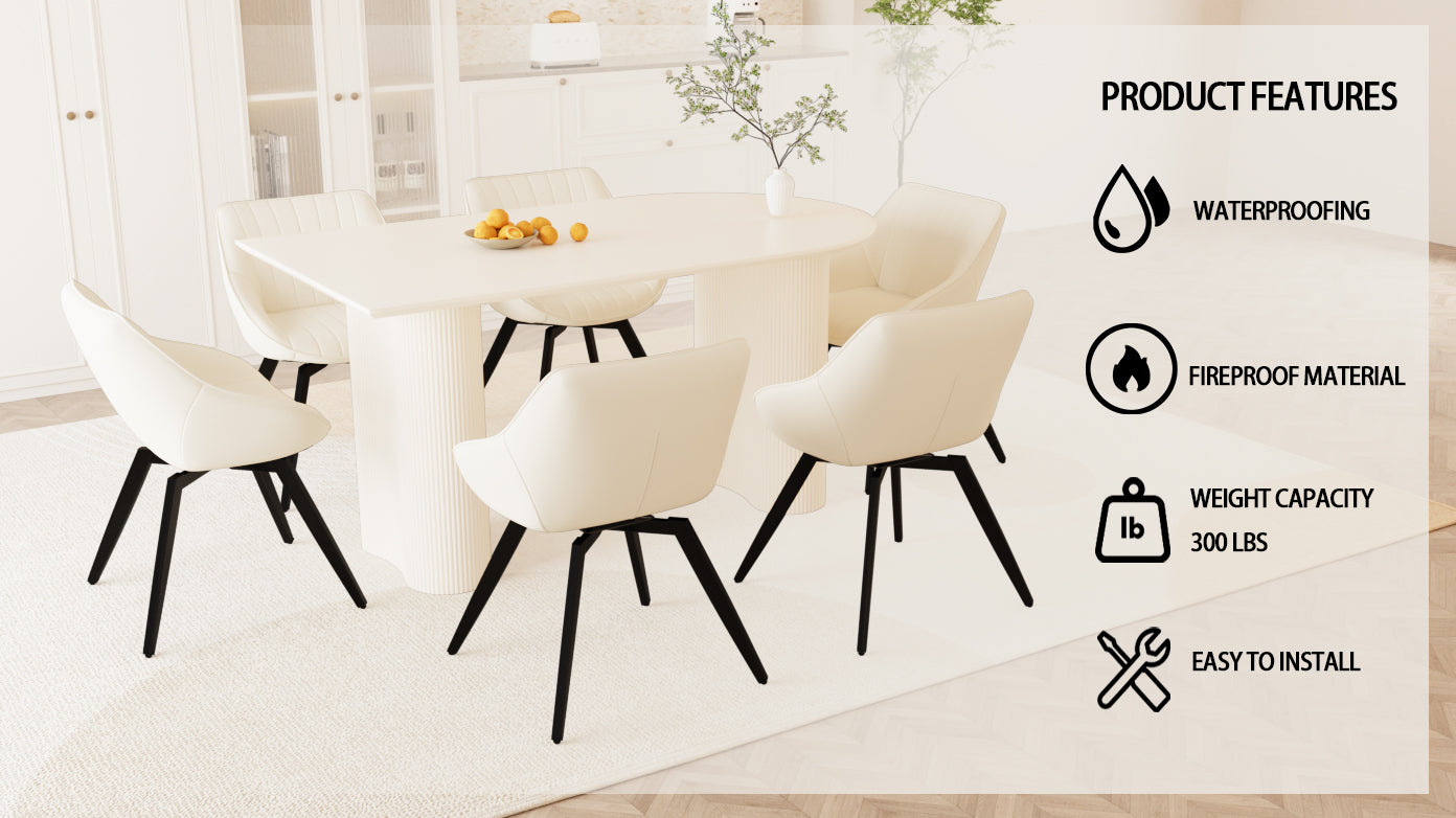 63" Medieval Modern Cream MDF Dining Table Set with 6 Beige PU Leather Chairs, Black Metal Legs, Ergonomic Design for Kitchen & Home Dining Room