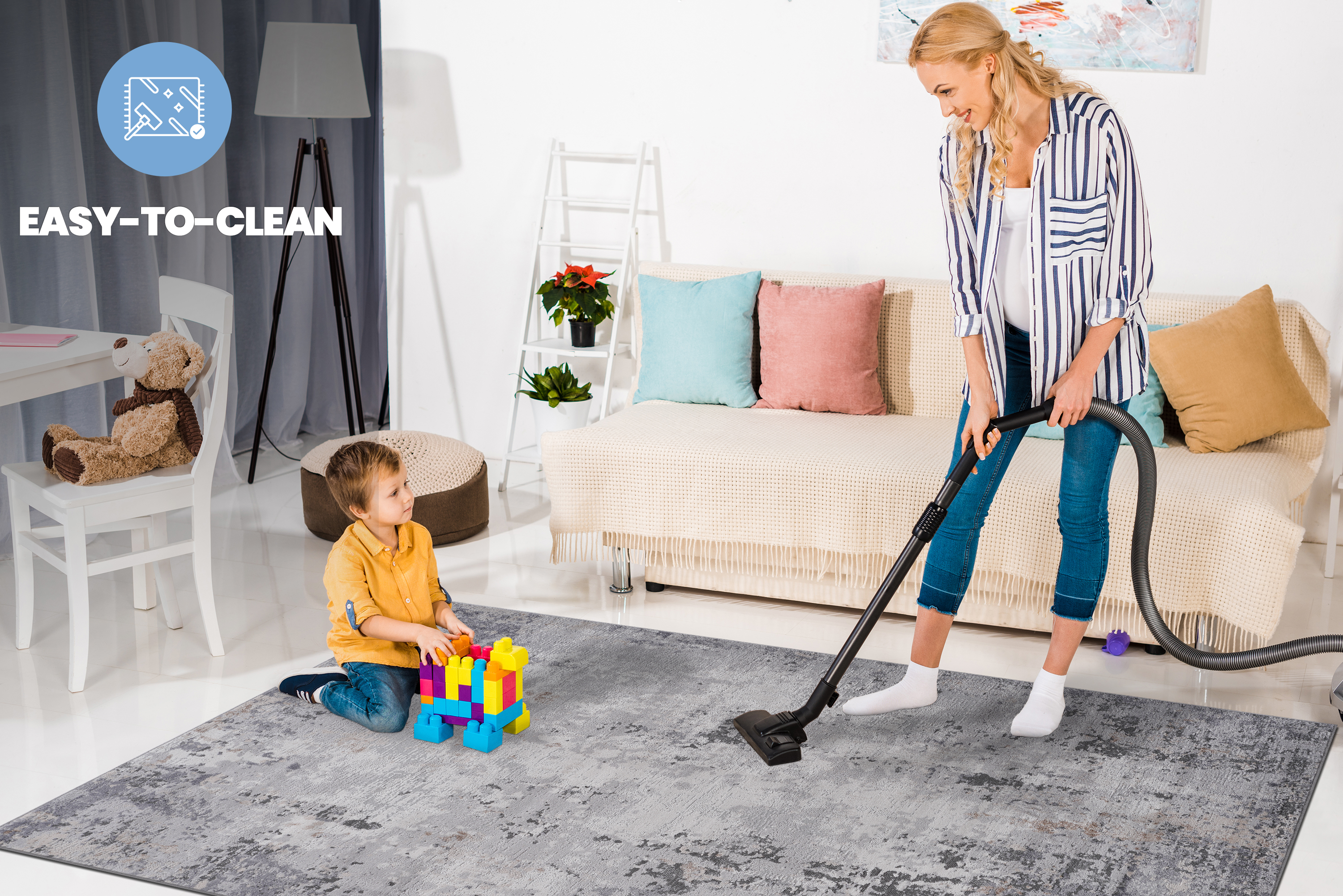 MARFI Collection 5x7 Abstract Area Rug - Ivory & Sand Polyester, Stain-Resistant, Non-Shedding, Kid & Pet Friendly, Medium Pile, Durable Cotton Backing, Turkish Made