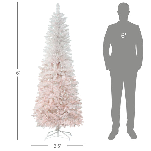 HOMCOM 6ft Pink & White Pencil Fir Artificial Christmas Tree | Slim Unlit PVC Xmas Tree with Realistic Branches & Steel Base | Perfect for Small Spaces, Entryways, Fireplace Decor