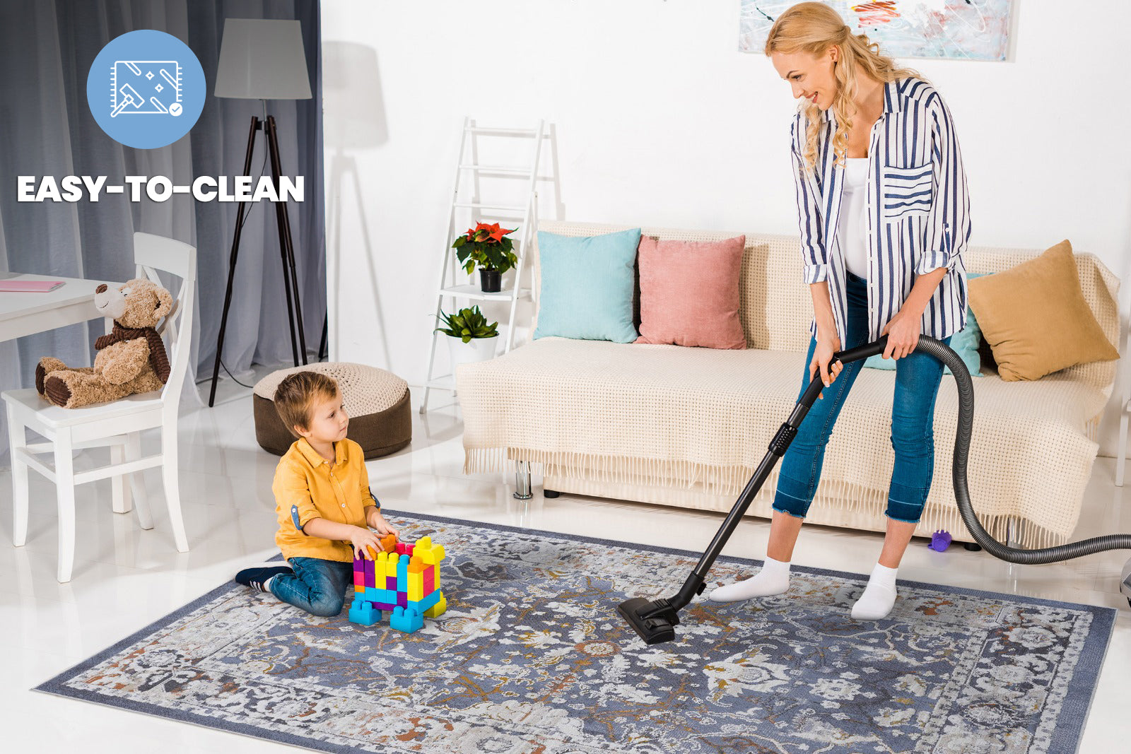 PAYAS Collection 6x9 Traditional Blue Area Rug - Stain Resistant, Non-Shedding Polyester for Living Room, Bedroom, Nursery, Home Office - Durable, Kid & Pet Friendly, Medium Pile, Cotton Backing, Turkish Made