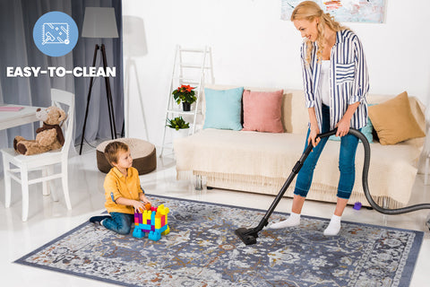 PAYAS Collection 8x10 Traditional Blue Area Rug - Stain Resistant, Non-Shedding Polyester for Living Room, Bedroom, Office, Kid & Pet Friendly, Medium Pile, Turkish Made