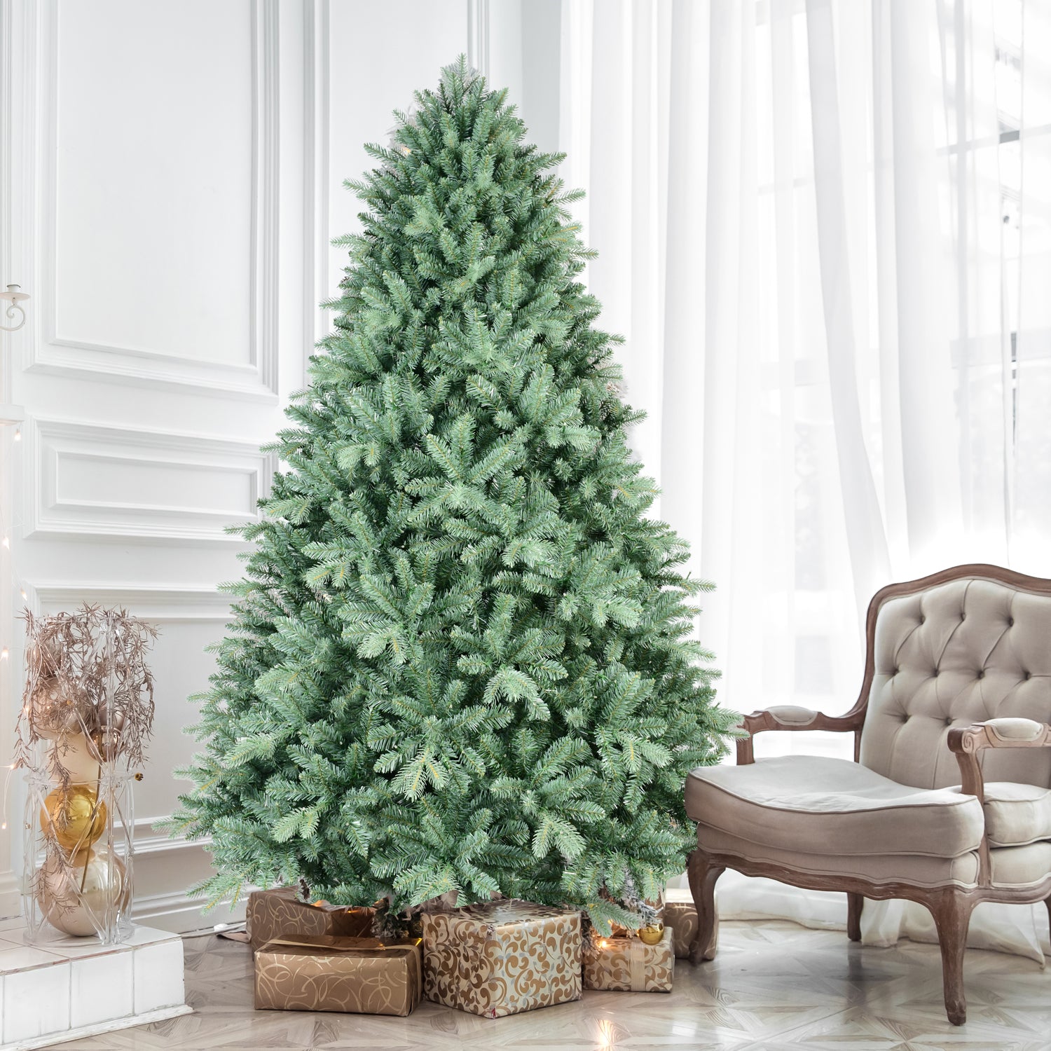 8FT Blue-Green Tint Christmas Tree: 3308 PE+PVC Tips, Full-Bodied Hinged Branches, Easy Assembly, Stable Metal Stand for Stunning Holiday Home Decor