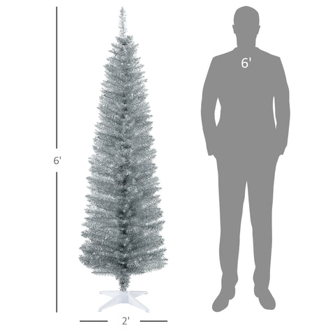 HOMCOM 6ft Slim Pencil Christmas Tree, Silver Unlit Artificial Xmas Tree with 390 Realistic Branch Tips, Flame-Retardant Plastic Stand for Indoor Home Decor
