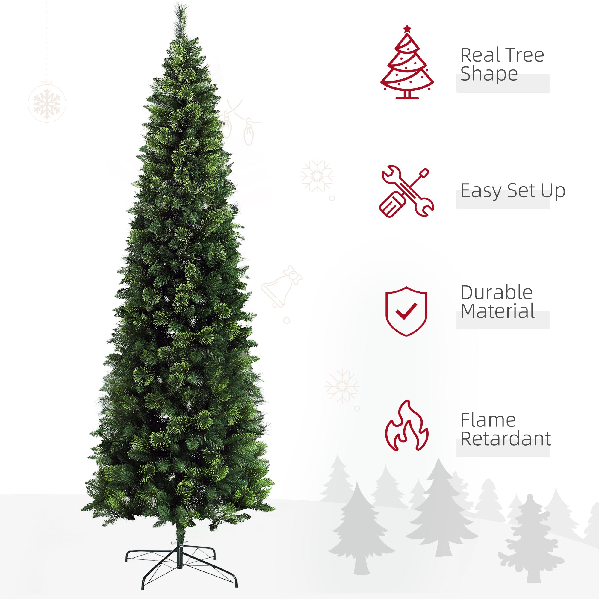 HOMCOM 9ft Slim Pencil Artificial Christmas Tree | 1298 Realistic Pine Needles | Auto-Open Design | Flame Retardant Green Plastic | Sturdy Steel Base | Holiday Home Decor