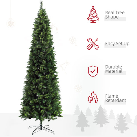 HOMCOM 9ft Slim Pencil Artificial Christmas Tree | 1298 Realistic Pine Needles | Auto-Open Design | Flame Retardant Green Plastic | Sturdy Steel Base | Holiday Home Decor