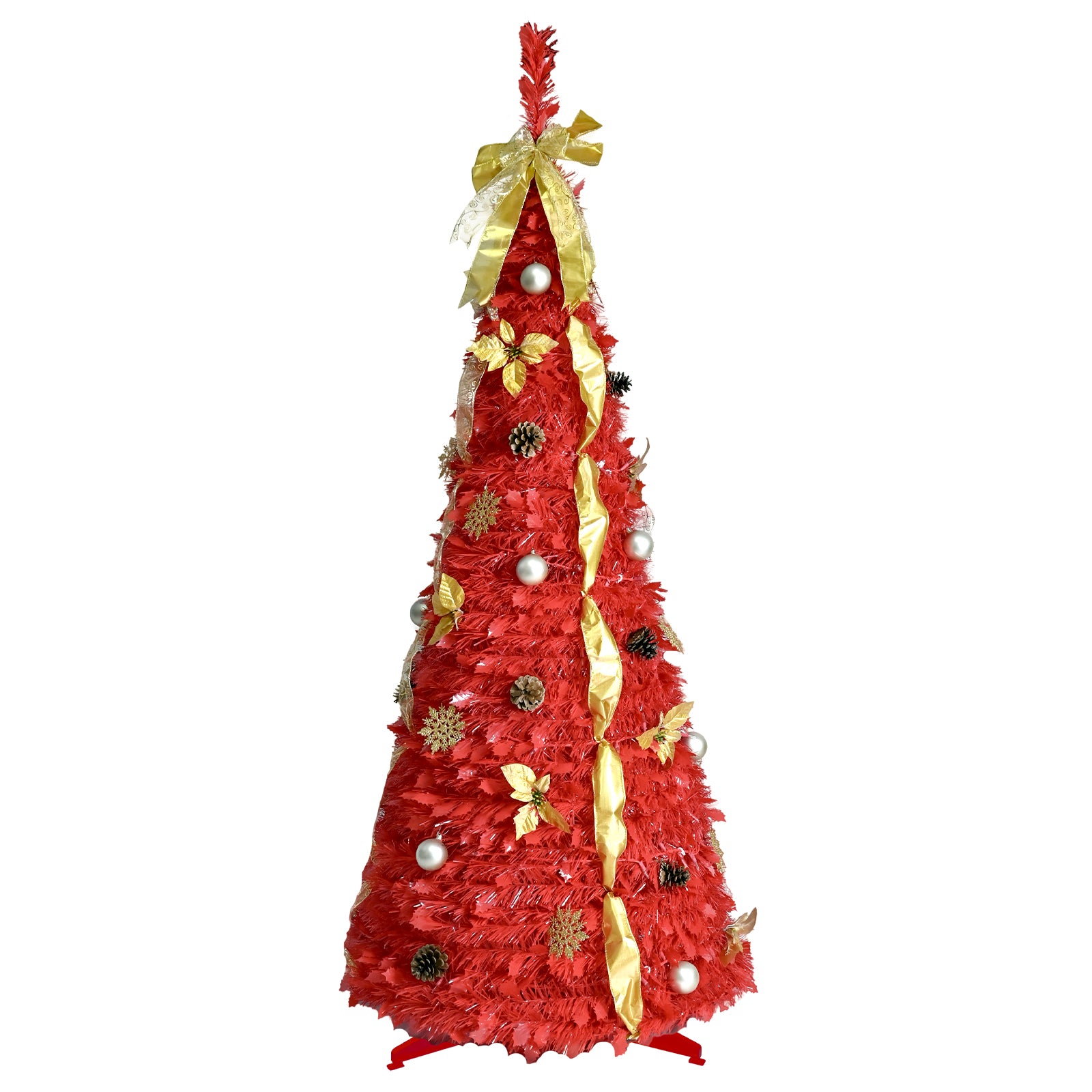 6FT Red Pop-Up Christmas Tree: Fully Decorated with 150 Warm White LEDs, Ornaments, Ribbons, Bow, Flowers, Snowflakes, Pine Cones &amp; Balls – Easy Assembly, Space-Saving Holiday Decor for Home &amp; Office