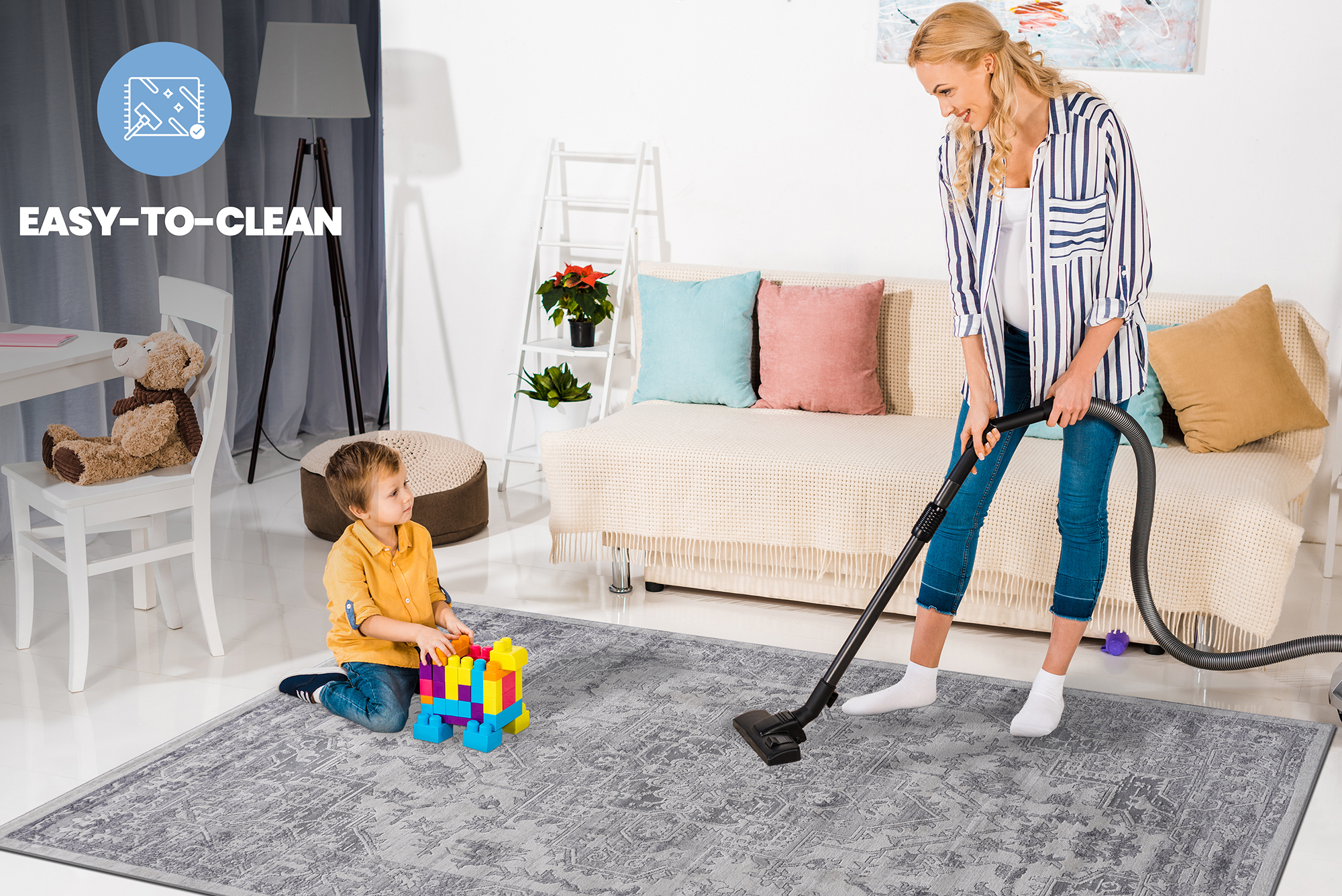 MARFI Collection 2'x3' Oriental Doormat Rug - Stain-Resistant Polyester in Silver, 0.35" Medium Pile, Durable & Kid/Pet Friendly for Entryway, Living Room, Hallway, Turkish Made