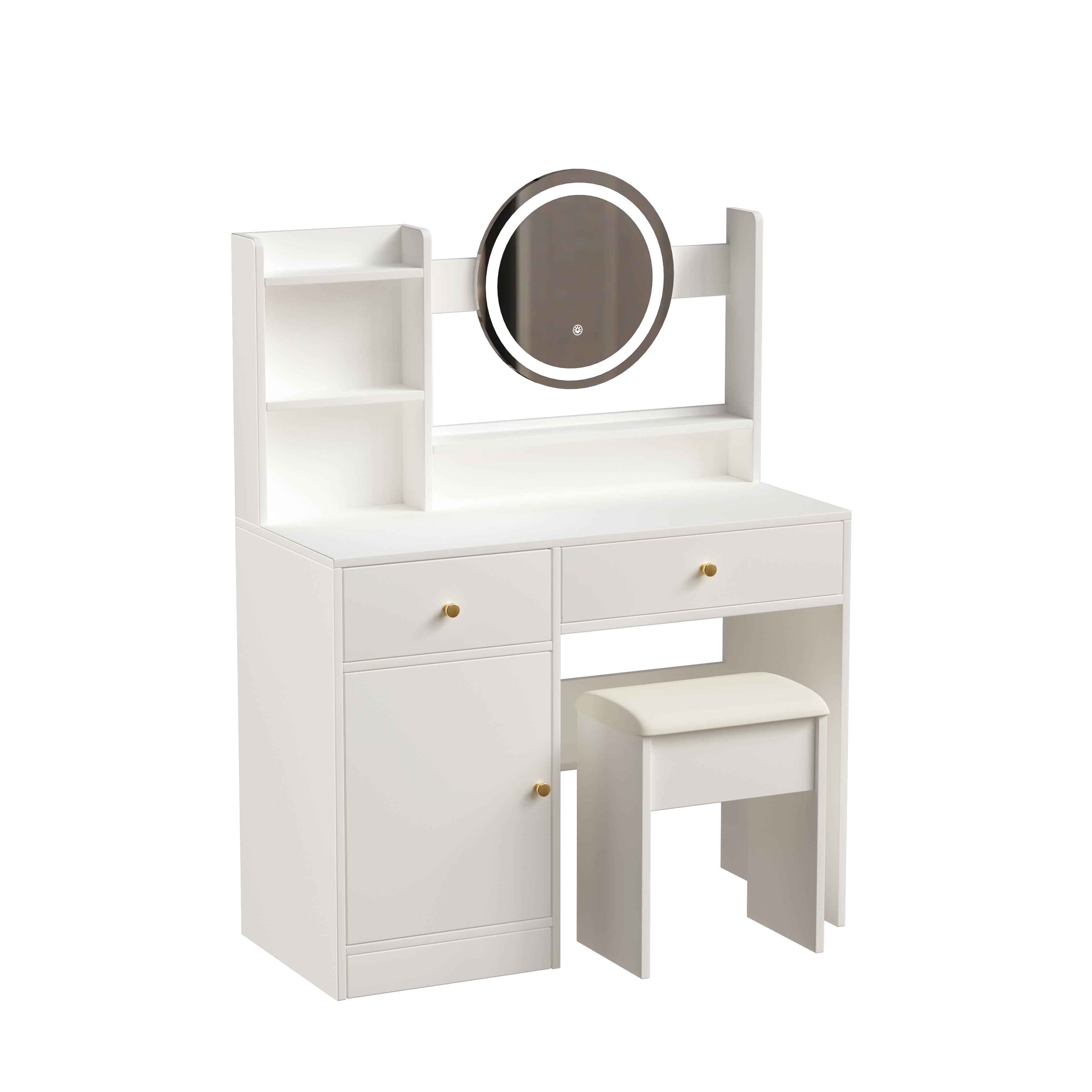 Fashion White Vanity Desk with Mirror & Lights, 3 Color Lighting, Adjustable Brightness, 2 Drawers, Storage Shelves, Cushioned Chair Included, MDF, 35.4" W, Bedroom & Makeup Use