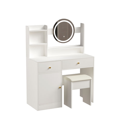Fashion White Vanity Desk with Mirror & Lights, 3 Color Lighting, Adjustable Brightness, 2 Drawers, Storage Shelves, Cushioned Chair Included, MDF, 35.4" W, Bedroom & Makeup Use