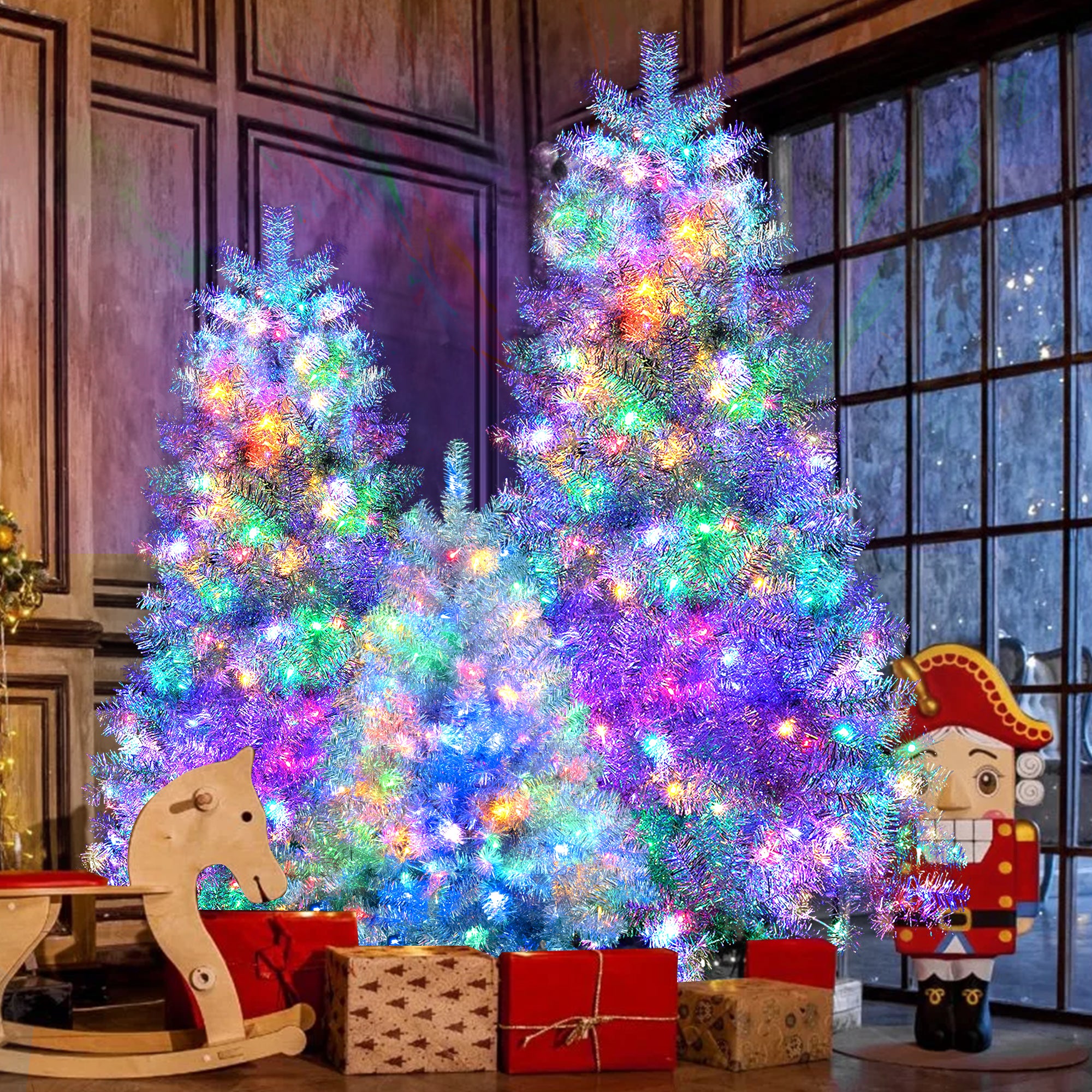 7.4FT, 6FT, 4FT Silver Pre-Lit Hinged Artificial Christmas Tree Set - 2400 Branch Tips, 850 LED Lights, 11 Modes - Metallic Spruce Xmas Decor for Home, Office, School
