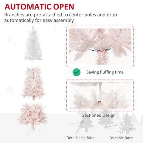 HOMCOM 6ft Pink & White Pencil Fir Artificial Christmas Tree | Slim Unlit PVC Xmas Tree with Realistic Branches & Steel Base | Perfect for Small Spaces, Entryways, Fireplace Decor