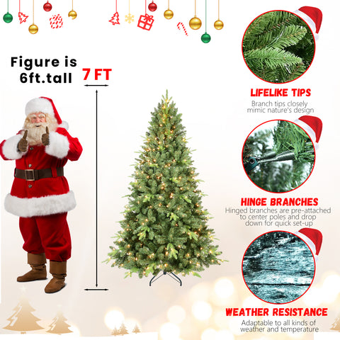 7FT Pre-Lit Christmas Tree: 450 UL Warm White Lights, 1875 Lush PE+PVC Tips, Hinged Branches for Easy Setup, Sturdy Metal Stand. Realistic Full Green Tree for Cozy Holiday Home Decor.