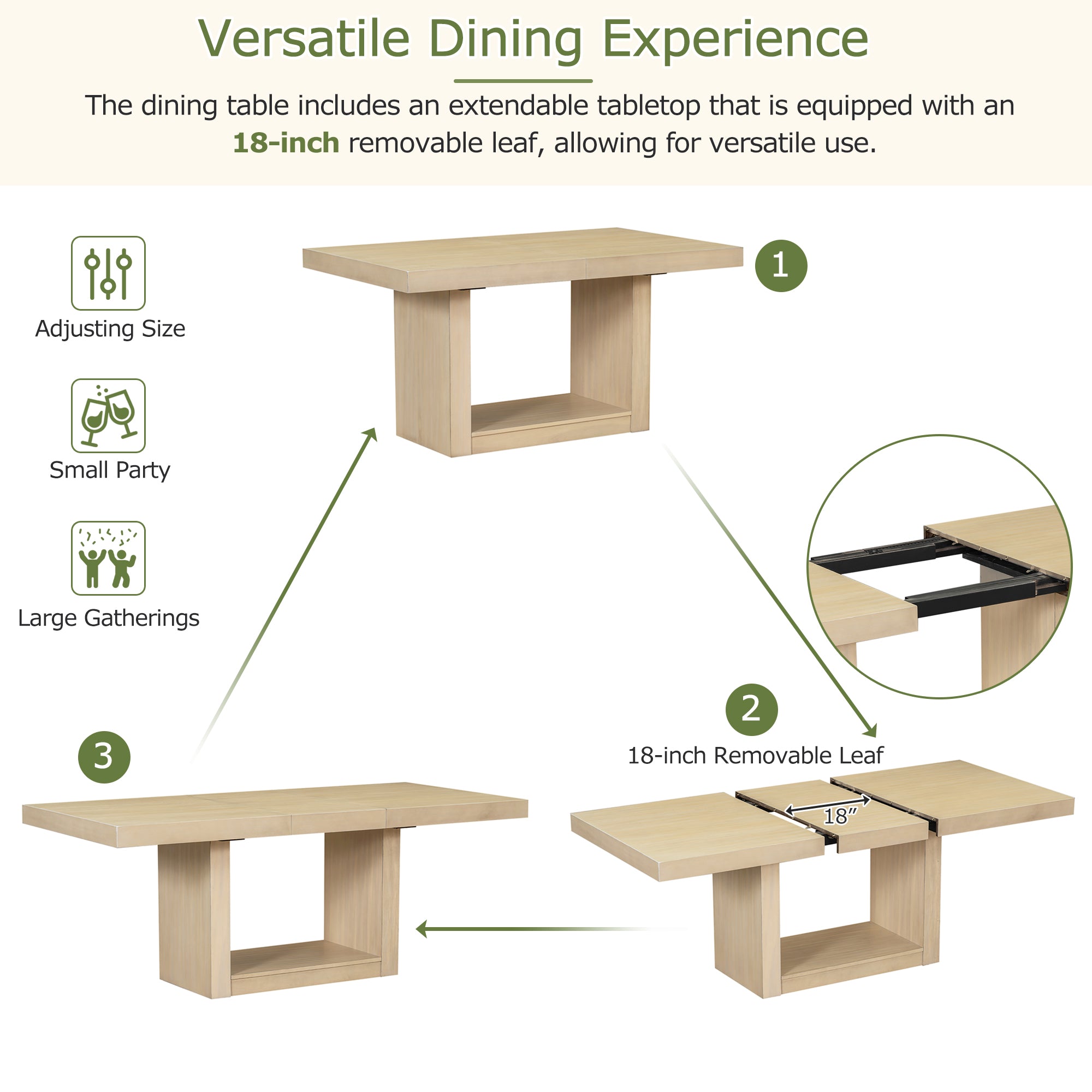 TOPMAX 6-Piece Natural Rubberwood Dining Set: 78" Extendable Pedestal Table w/ 18" Leaf, 4 Upholstered Chairs &amp; Bench for Dining Room, Seats 6