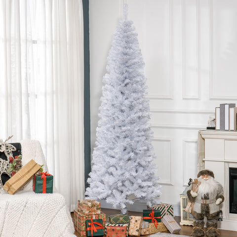 HOMCOM 7ft White Pencil Christmas Tree - Unlit Slim Douglas Fir Artificial Xmas Tree, 818 Realistic Tips, Flame-Retardant Plastic, Easy Assembly for Home Decor