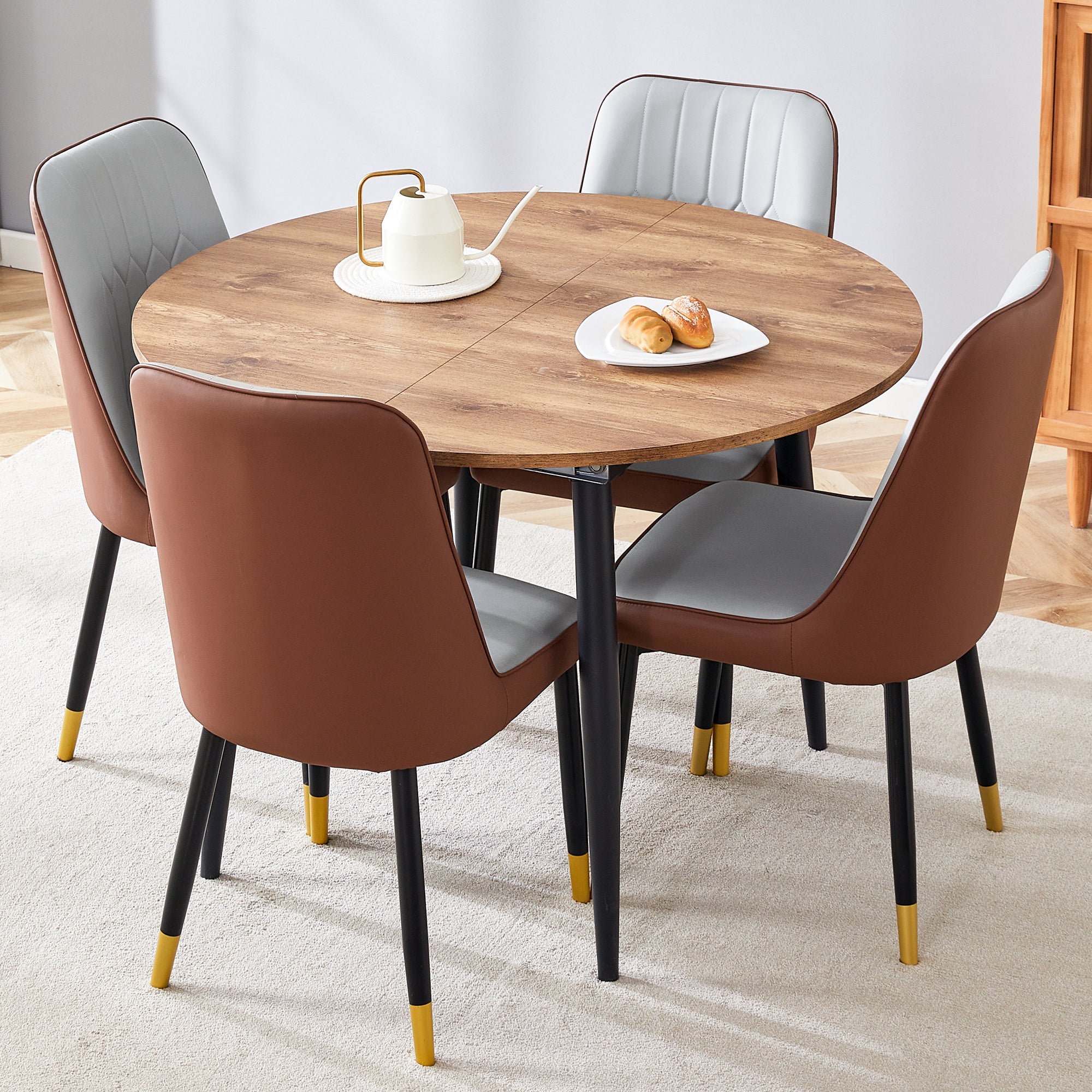 Modern Extendable Round Wood MDF Dining Table Set with 4 PU Cushioned Armless Chairs, Wood Brown, Seats 4, Perfect for Kitchen &amp; Dining Room Gatherings