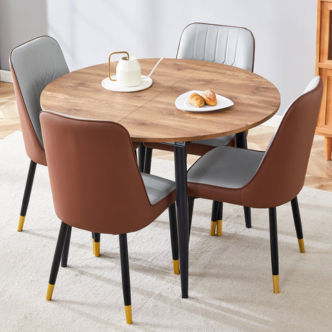 Modern Extendable Round Wood MDF Dining Table Set with 4 PU Cushioned Armless Chairs, Wood Brown, Seats 4, Perfect for Kitchen &amp; Dining Room Gatherings