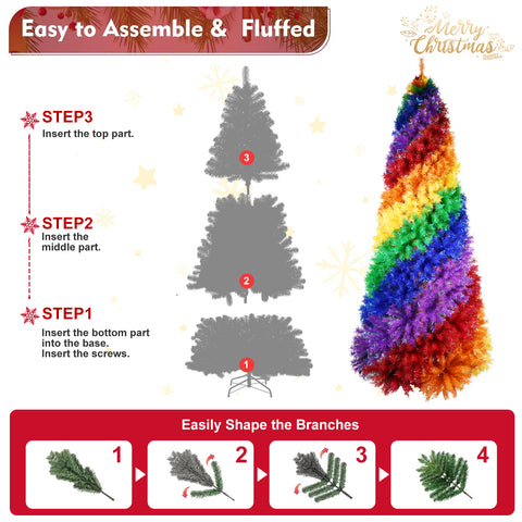 7.5ft Rainbow Spiral Christmas Tree: Vibrant PVC Artificial Holiday Tree with 1825 Lush Tips &amp; Sturdy Metal Stand for Indoor Festive Decor