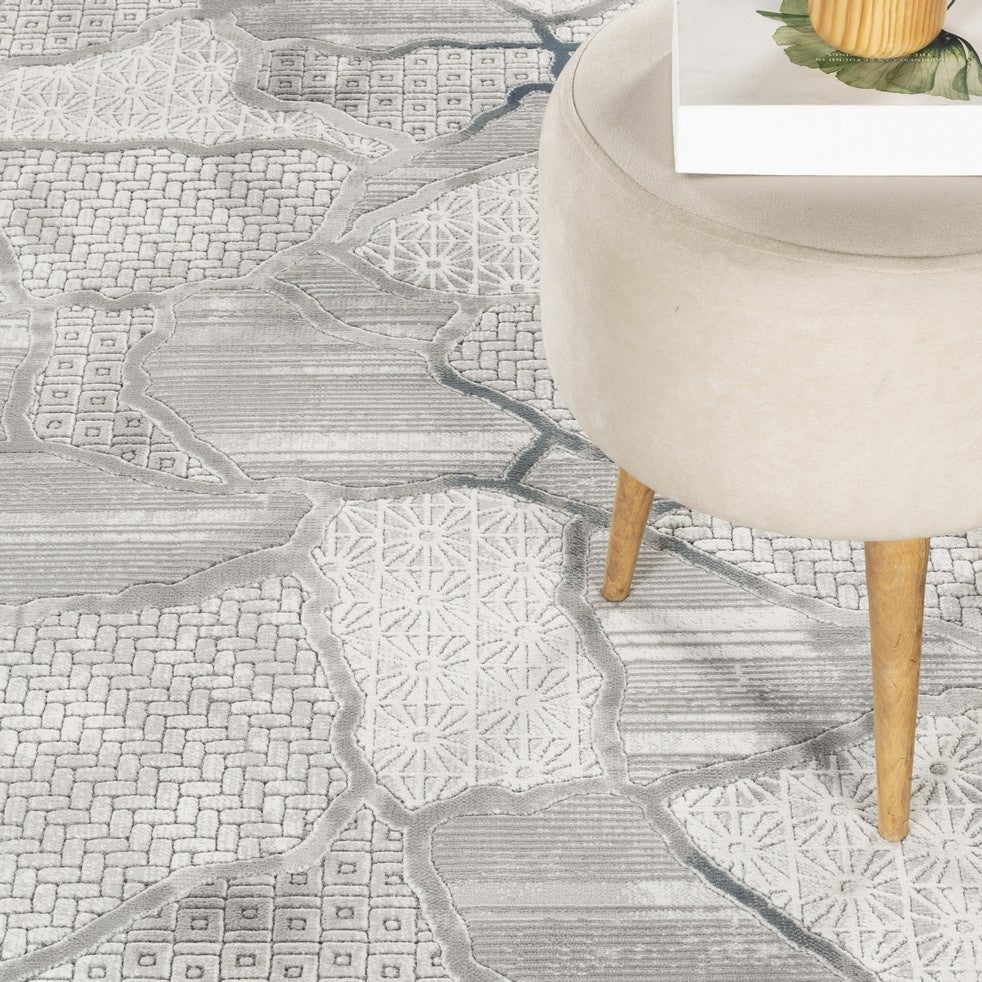 Geometrix GC_DIM1010 5'3" x 7'3" Gray Abstract Area Rug - 100% Polyester Pile, Jute Backing, 0.43" Pile Height, Modern Art Deco/Boho Style for Living Room, Bedroom, High Traffic Areas, Made in Turkey
