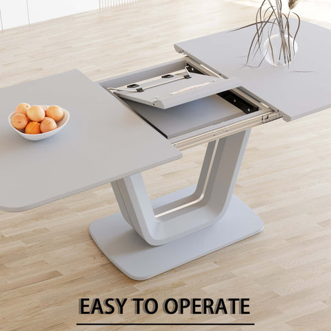 Expandable 62.99"-78.74" Dining Table Set for 2-8, Gray MDF &amp; PU Fabric, 6 Padded Chairs with U-Legs for Kitchen, Dining Room, Living Room, Modern Farmhouse Style