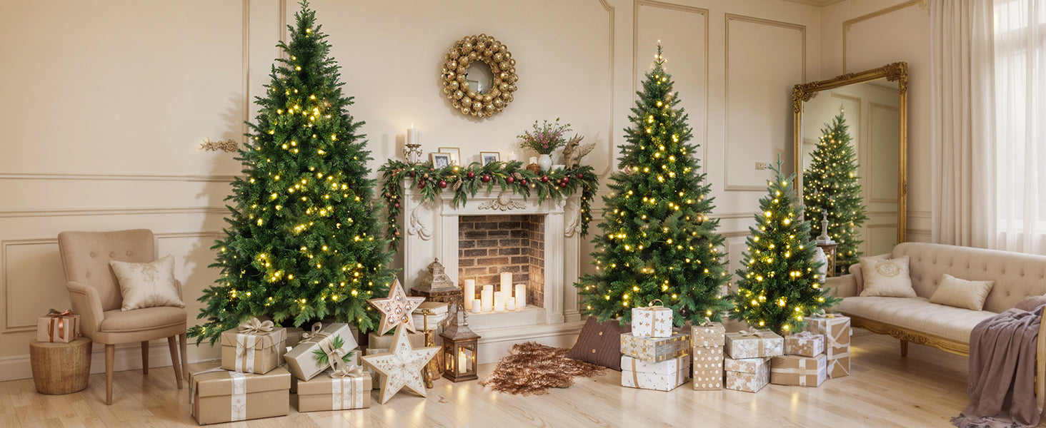 Set of 3 Pre-Lit Green Pine Artificial Christmas Trees (4ft, 6ft, 8ft) with 820 Warm Yellow LED Lights & 2539 Realistic Branch Tips - Hinged Xmas Tree Decor for Home, Office, Party