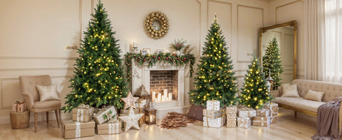 Set of 3 Pre-Lit Green Pine Artificial Christmas Trees (4ft, 6ft, 8ft) with 820 Warm Yellow LED Lights & 2539 Realistic Branch Tips - Hinged Xmas Tree Decor for Home, Office, Party