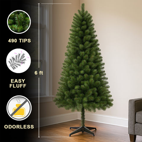 6FT Classic Green Artificial Christmas Tree | 490 Full PVC Tips | Unlit Holiday Decor for Home, Office, Dorm | Stable 4-Leg Stand | Indoor Seasonal Decoration