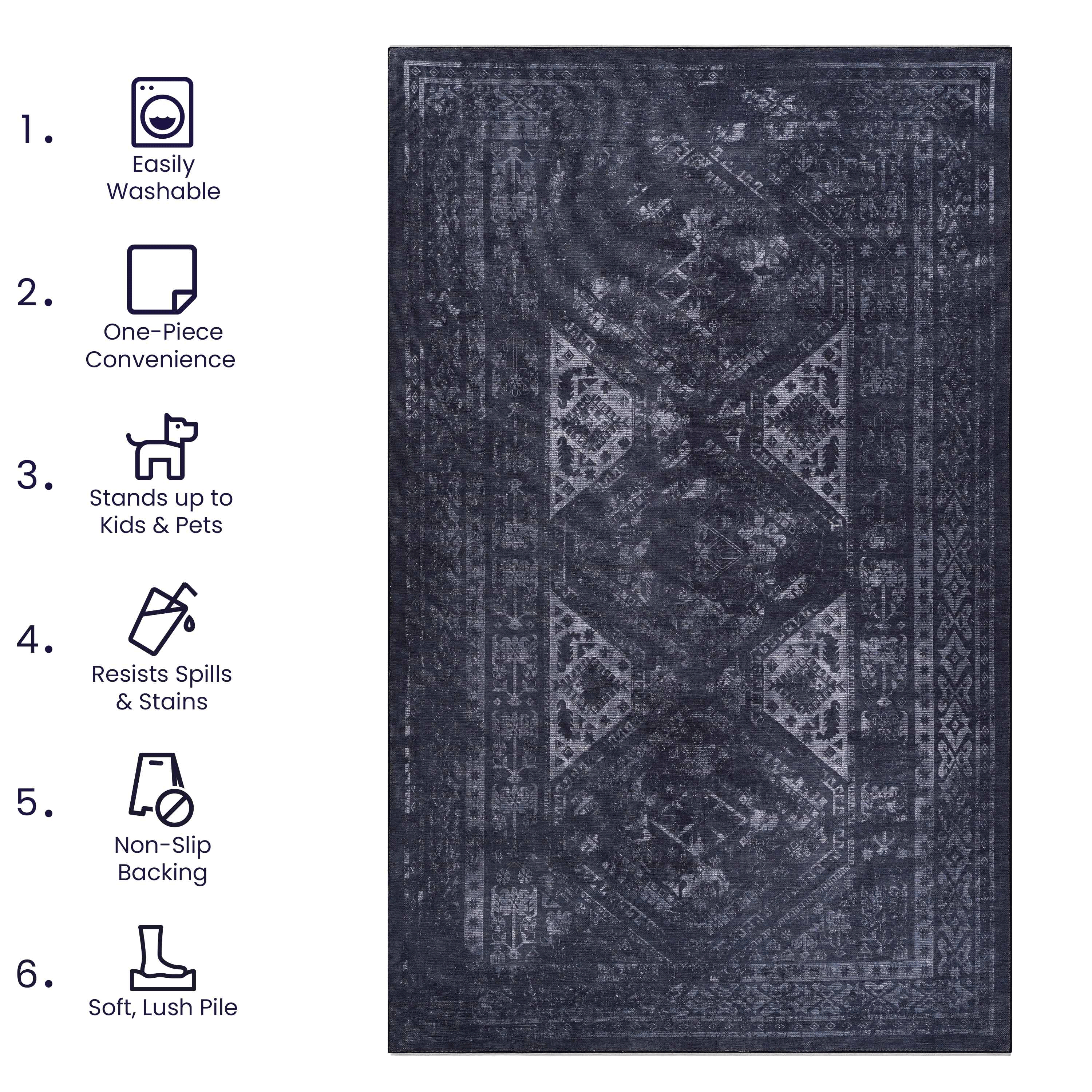 MAVAL 5x8 Washable Area Rug - Soft Chenille Polyester Black+Gray Boho Style, Low Pile, Non-Slip, Stain-Resistant for Living Room, Bedroom, Hallway, Kitchen
