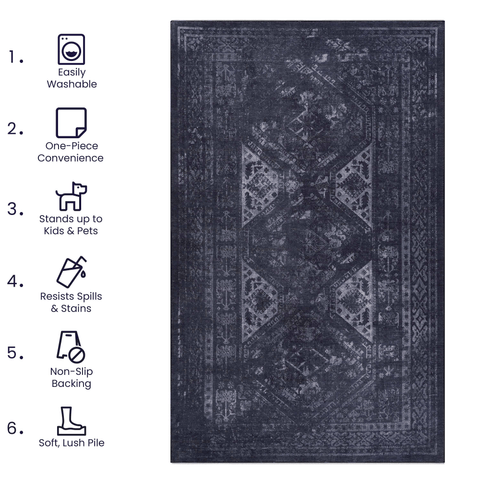 MAVAL 5x8 Washable Area Rug - Soft Chenille Polyester Black+Gray Boho Style, Low Pile, Non-Slip, Stain-Resistant for Living Room, Bedroom, Hallway, Kitchen