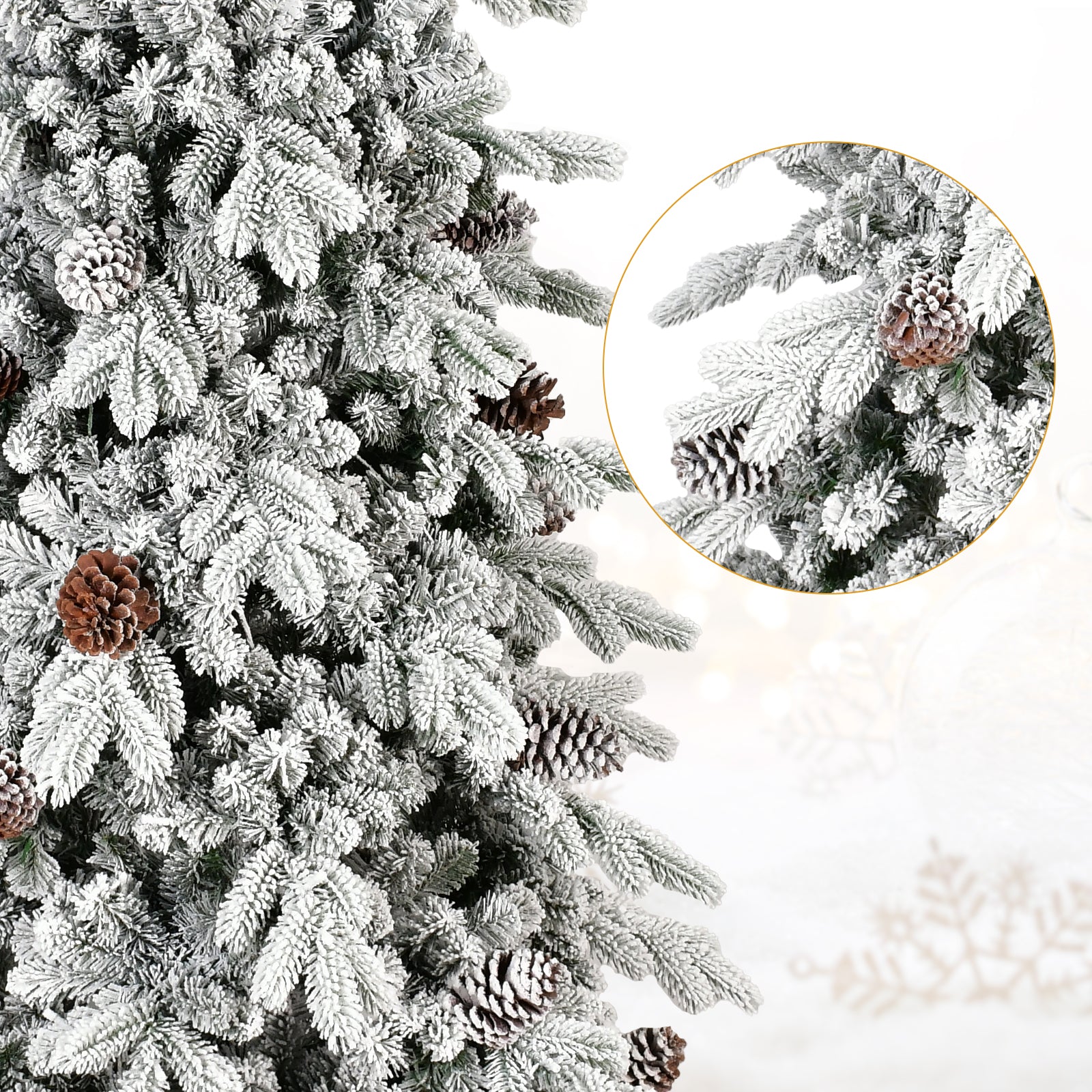 8ft Snowy Flocked Christmas Tree | 1634 PE/PVC Tips, 44 Pine Cones | Slim, Space-Saving Design | Hinged Branches, Metal Stand | Realistic Winter Decor for Home, Apartments, Entryways | White &amp; Green