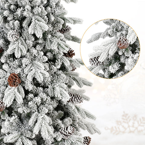8ft Snowy Flocked Christmas Tree | 1634 PE/PVC Tips, 44 Pine Cones | Slim, Space-Saving Design | Hinged Branches, Metal Stand | Realistic Winter Decor for Home, Apartments, Entryways | White &amp; Green