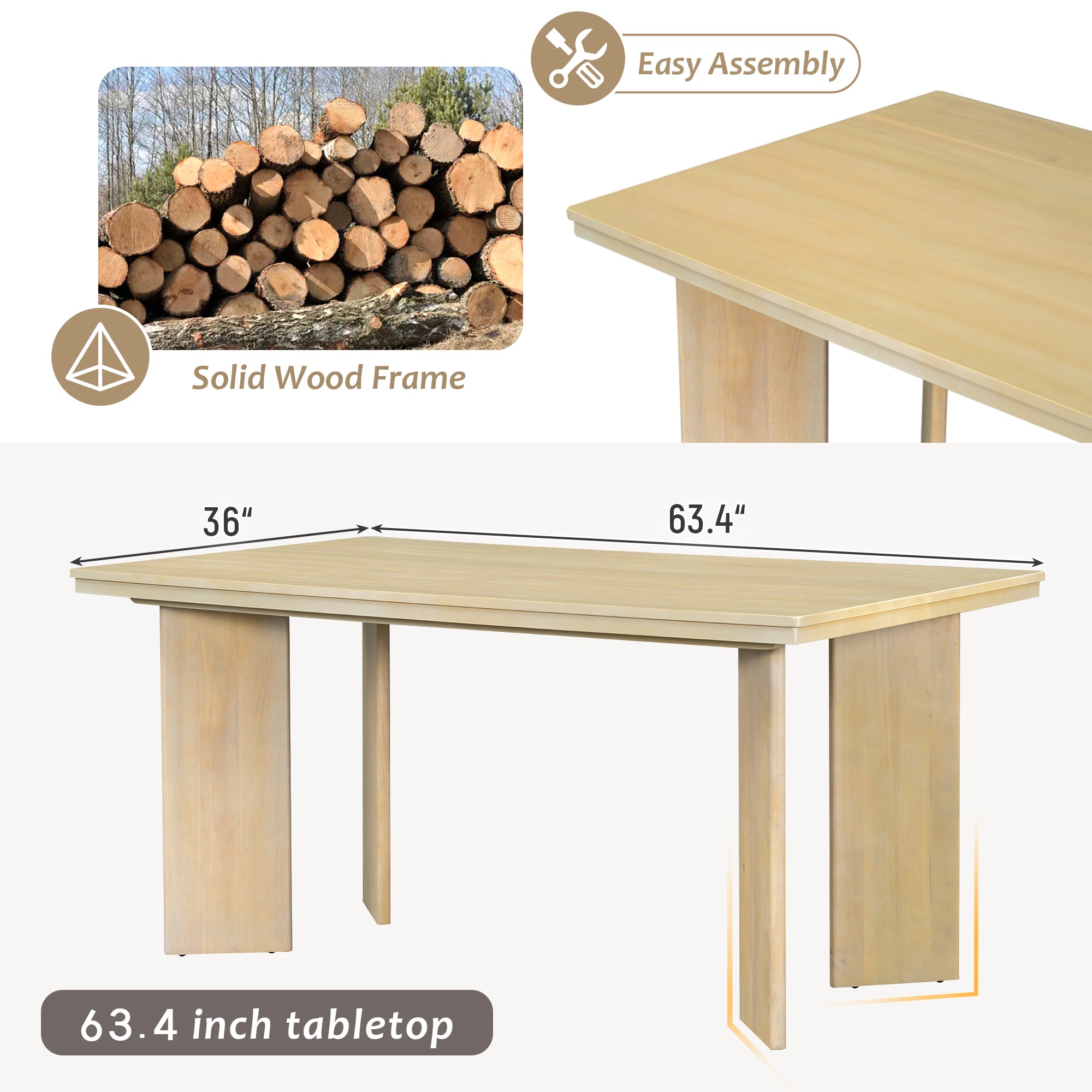 TOPMAX 7-Piece Solid Rubberwood Dining Set: 63.4" Natural Table &amp; 6 Upholstered Beige Chairs for Dining Rooms, Space-Saving Tuck-Away Design, Seats 6, Modern Farmhouse Style
