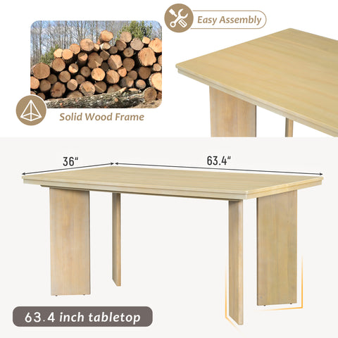 TOPMAX 7-Piece Solid Rubberwood Dining Set: 63.4" Natural Table &amp; 6 Upholstered Beige Chairs for Dining Rooms, Space-Saving Tuck-Away Design, Seats 6, Modern Farmhouse Style