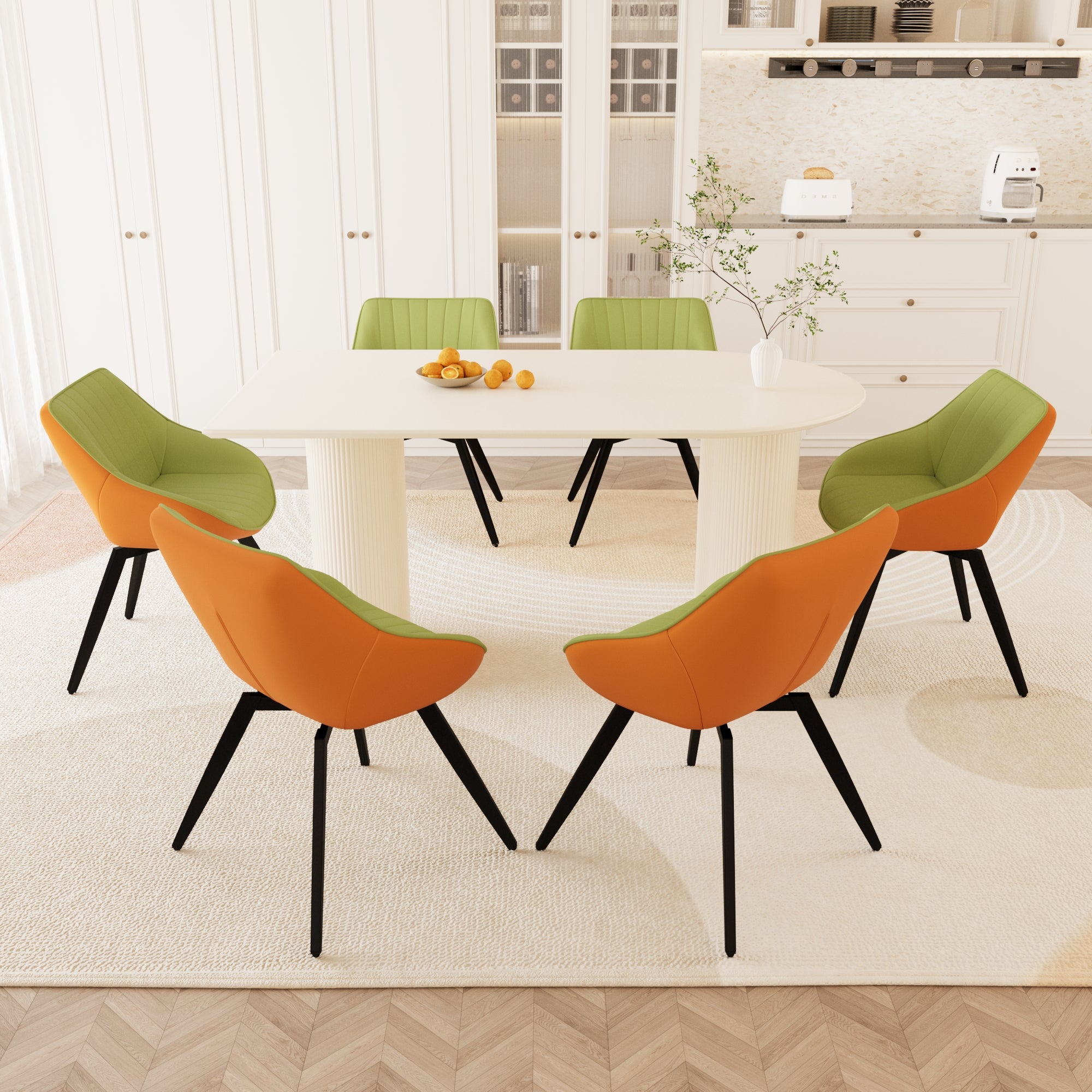 63" Cream MDF Dining Table Set with 6 Green PU Leather Chairs, Modern Industrial Style, Ergonomic Design, Perfect for Kitchen, Dining Room, Home &amp; Office Gatherings