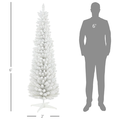 HOMCOM 6ft Snow Flocked Pencil Christmas Tree, Slim White Xmas Tree with Realistic Branches & Plastic Base for Indoor Home Decor. Easy Assembly & Storage.