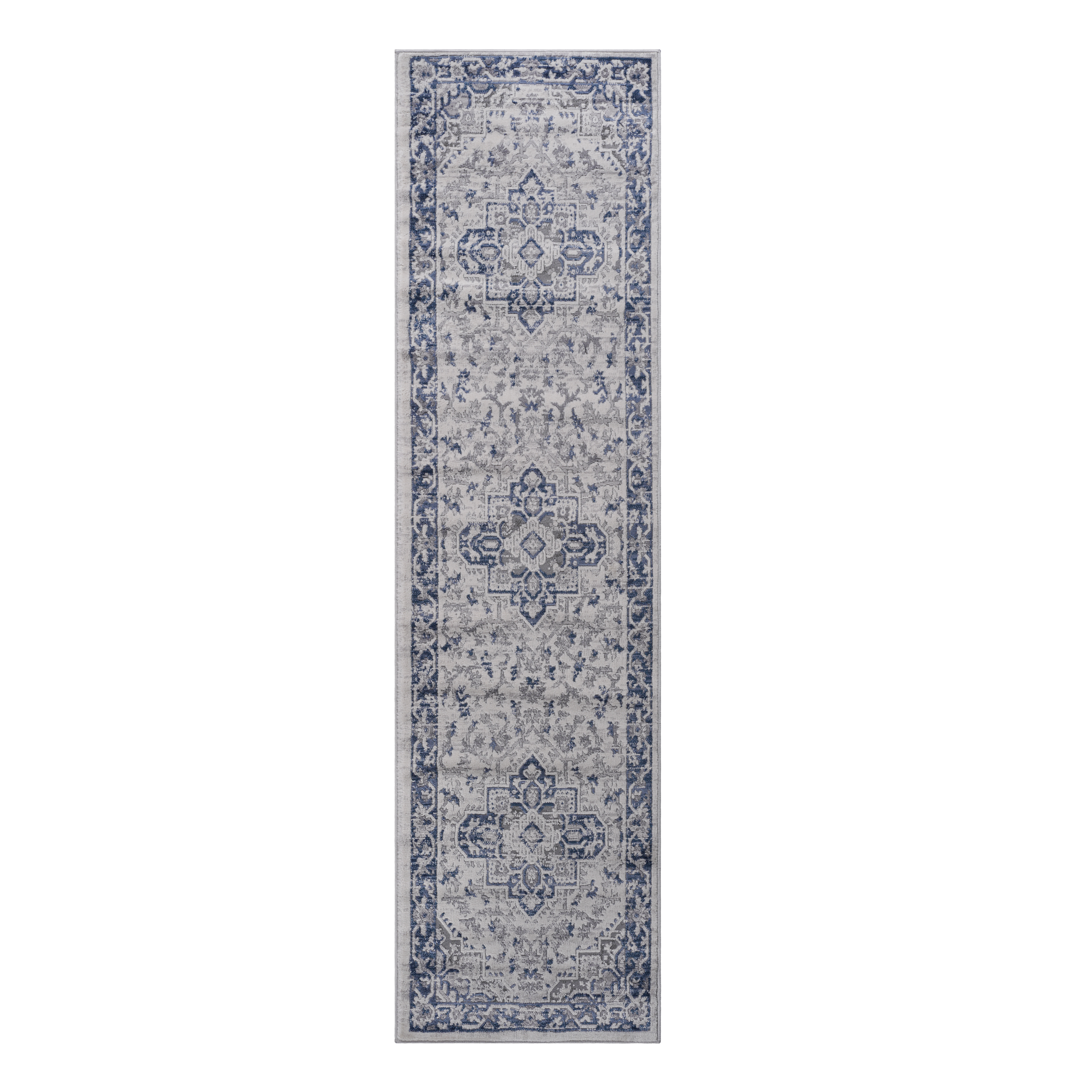 MARFI Collection 2'x8' Oriental Runner Rug - Stain Resistant Polyester, Blue/Grey, Medium Pile (0.35") for Living Room, Entryway, Hallway, Kid & Pet Friendly, Durable Machine-Woven Turkish Quality