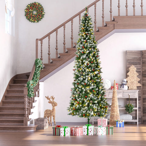 HOMCOM 9ft Snow-Dipped Artificial Christmas Tree | 460 LED Lights, 1298 Tips, Pine Cones &amp; Red Berries | Realistic PVC Branches for Festive Indoor Decor | Easy Assembly &amp; Storage