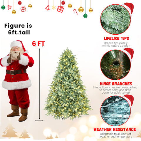 5FT Unique Blue-Green Tint Pre-Lit Christmas Tree | 300 Warm White LEDs | 1194 Lush PE+PVC Tips | Hinged Branches for Easy Setup | Sturdy Metal Stand | Festive Holiday Home Decor