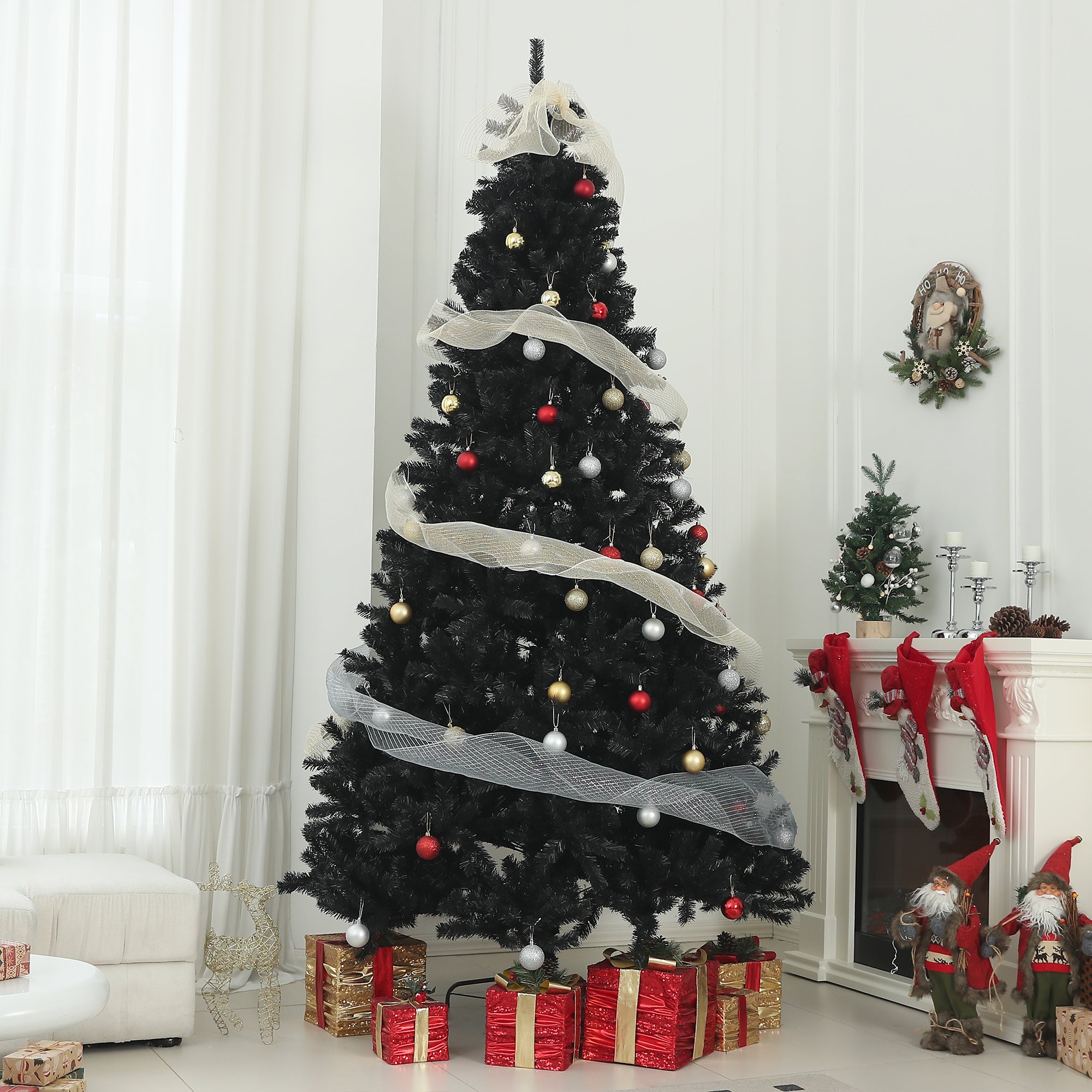 HOMCOM 9ft Black Artificial Christmas Tree, Unlit Xmas Tree with 2132 Branch Tips &amp; Auto Open Design, Flame-Retardant, Steel Base for Home &amp; Office Holiday Decor