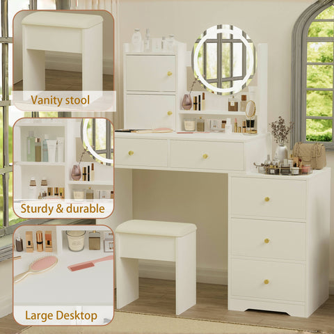 Fashion Vanity Desk with Mirror & Lights, 5 Drawers, White MDF, 47" Modern Makeup Table Set with Cushioned Stool, Adjustable 3-Color LED Lighting, Bedroom Furniture, Ideal Gift