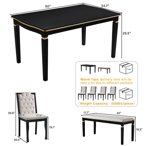 6-Piece Black Rectangular Dining Table Set for 6: 60" Solid Wood Table, 4 High-Back Tufted Upholstered Chairs &amp; Bench - Ideal for Dining Room &amp; Kitchen Gatherings