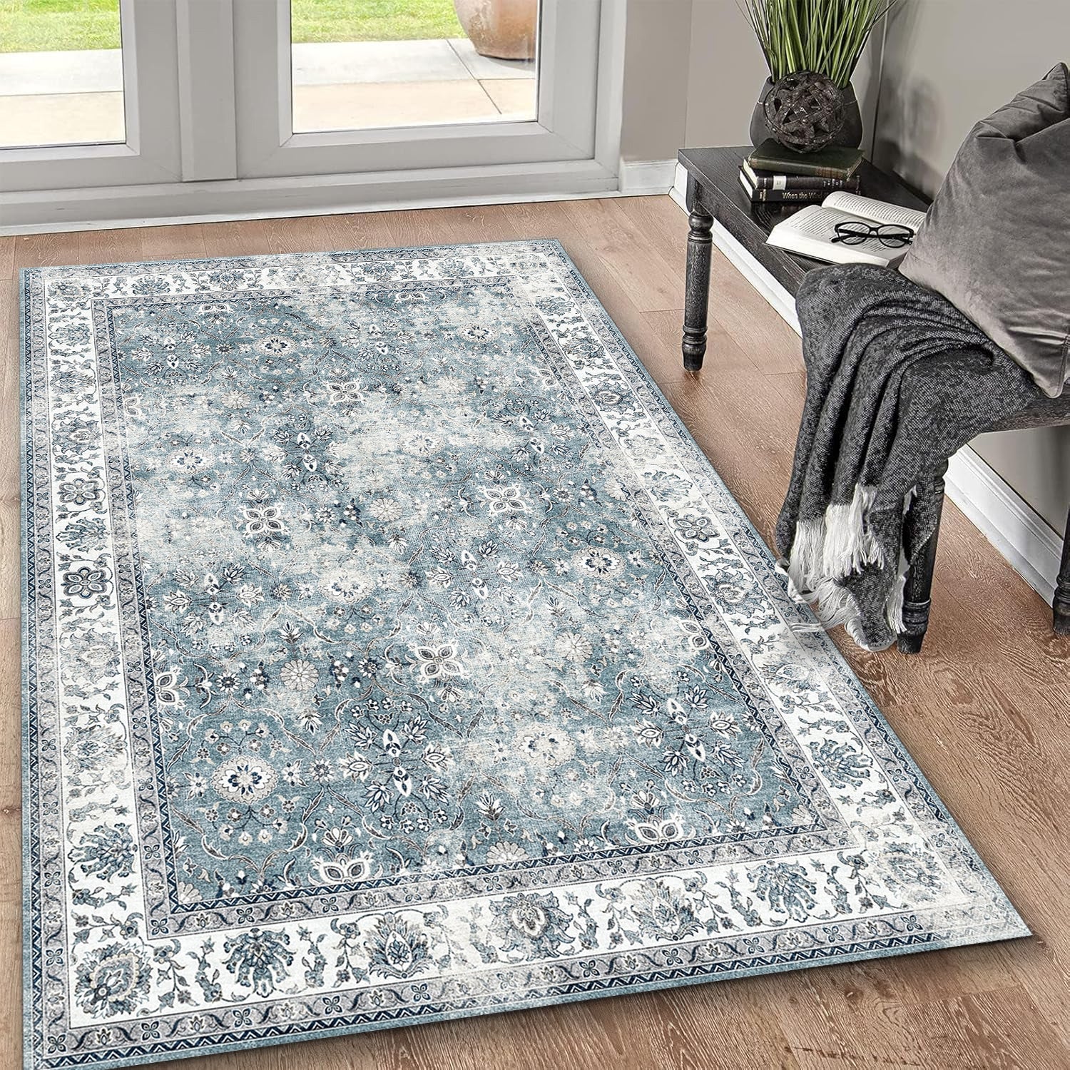 Toucan K4640A-19 Washable Non-Slip Area Rug, 5'x7' Silver Polyester Traditional Design for Living Room, Bedroom, Entryway. Durable, Low Pile, Pet-Friendly, Easy Care