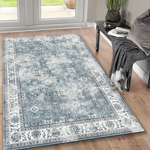 Toucan K4640A-19 Washable Non-Slip Area Rug, 5'x7' Silver Polyester Traditional Design for Living Room, Bedroom, Entryway. Durable, Low Pile, Pet-Friendly, Easy Care