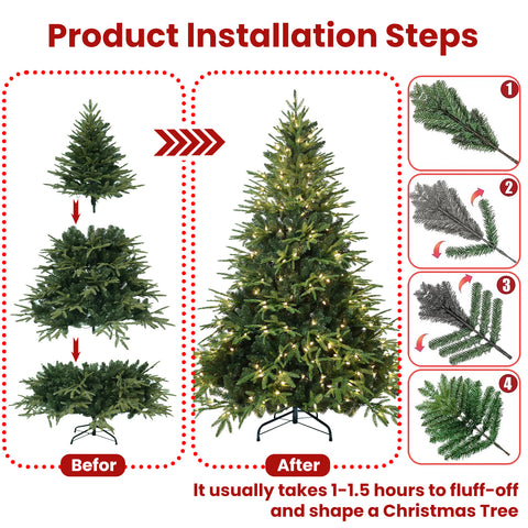 6ft Pre-Lit Pine Artificial Christmas Tree | 400 Warm White Incandescent Lights | 1931 Tips | PE+PVC Hinged Branches | Foldable Metal Stand | Holiday Home &amp; Office Decor