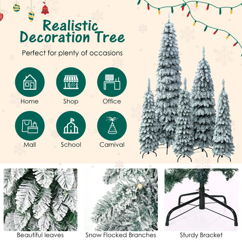5-Set Pre-Lit Pencil Christmas Trees: 8ft, 6ft, 4ft Slim Artificial Trees w/ Snow Flocking, 350 LED Lights, 11 Modes, Realistic PVC, Indoor Holiday Decor