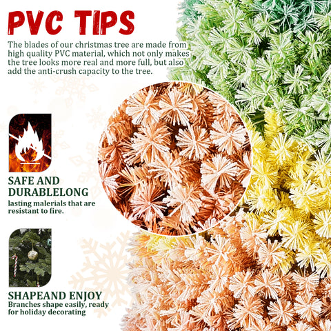 6ft Rainbow Gradient Flocked PVC Christmas Tree | 1326 Full Tips, Snowy Finish | Hinged Artificial Pine with Sturdy Metal Stand | Vibrant Indoor Holiday Decoration