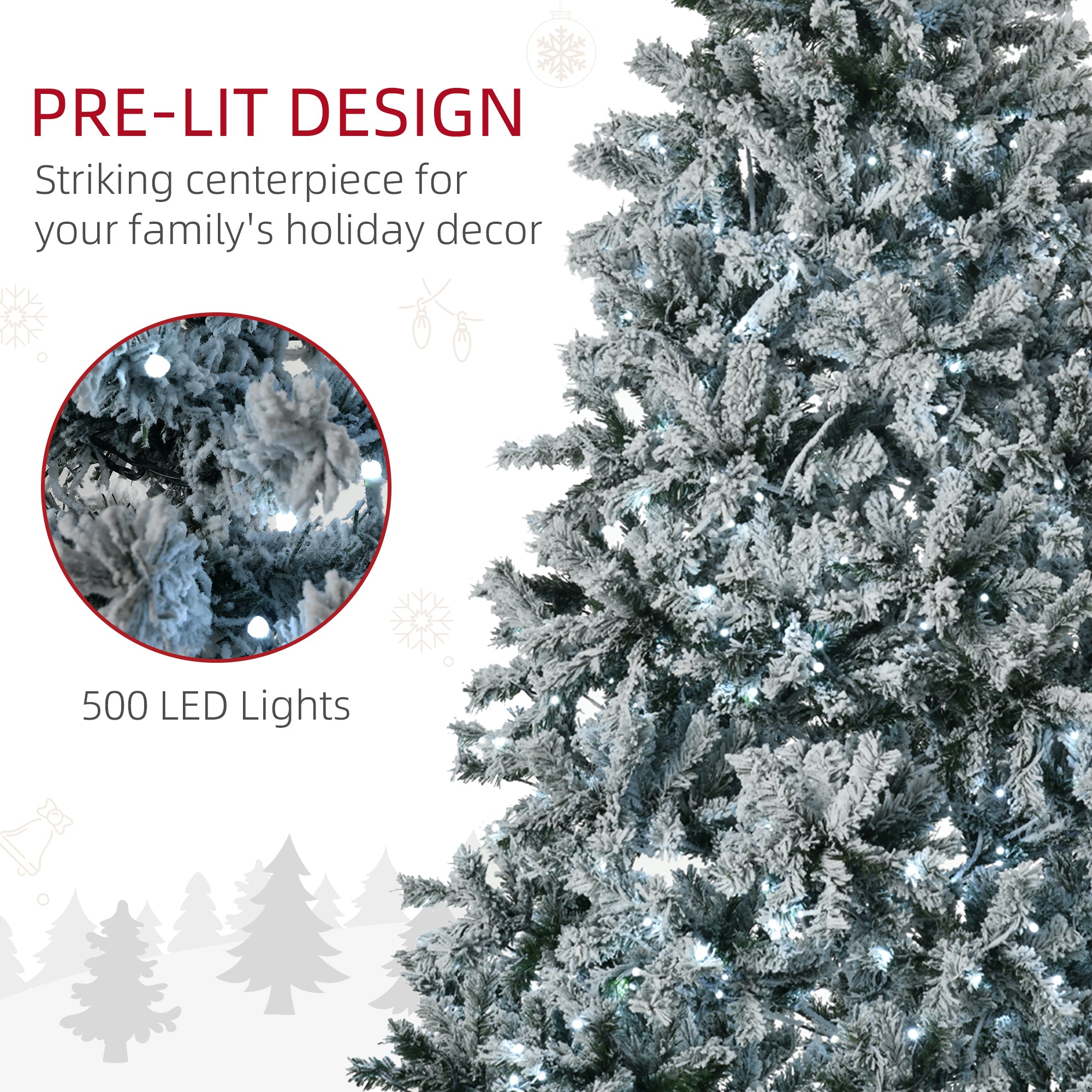HOMCOM 7.5' Flocked Artificial Christmas Tree | Auto-Open Design, 500 Warm White LED Lights | Realistic Snowy Branches, Flame-Retardant Plastic | Perfect for Home Holiday Decor