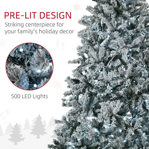 HOMCOM 7.5' Flocked Artificial Christmas Tree | Auto-Open Design, 500 Warm White LED Lights | Realistic Snowy Branches, Flame-Retardant Plastic | Perfect for Home Holiday Decor