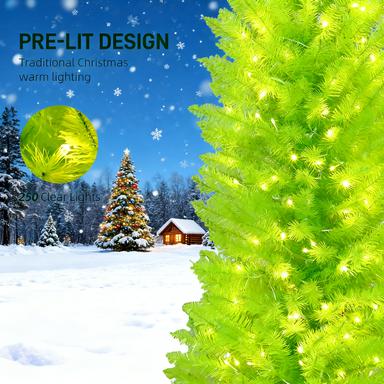 72 Inch Whimsical Pencil Christmas Tree - Prelit Green Xmas Tree with 230 Warm White LEDs, Red Ball Top, 555 Tips, Metal Base for Indoor Holiday Decor